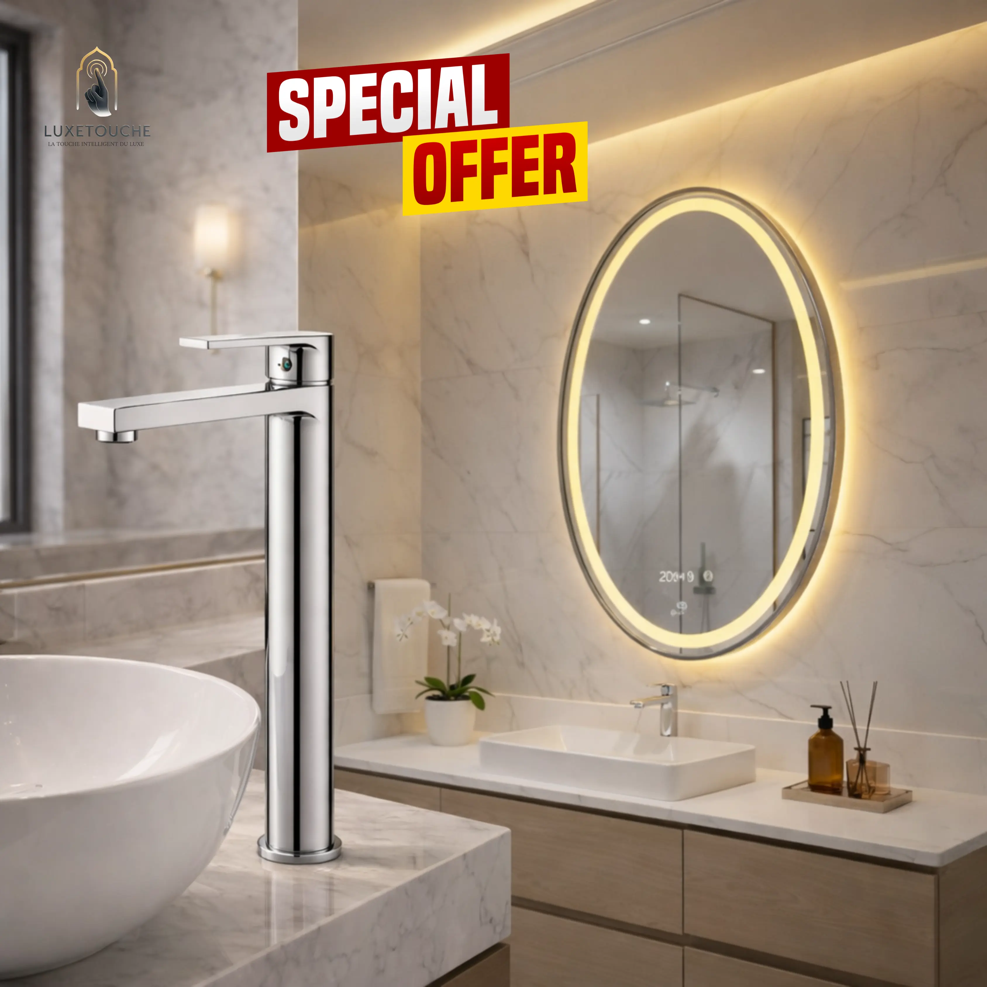Pack  Miroir LED intelligent Oval Spécial + Robinet Lavabo Sorrento Rond Long Premium — Élégance, confort et organisation parfaite !