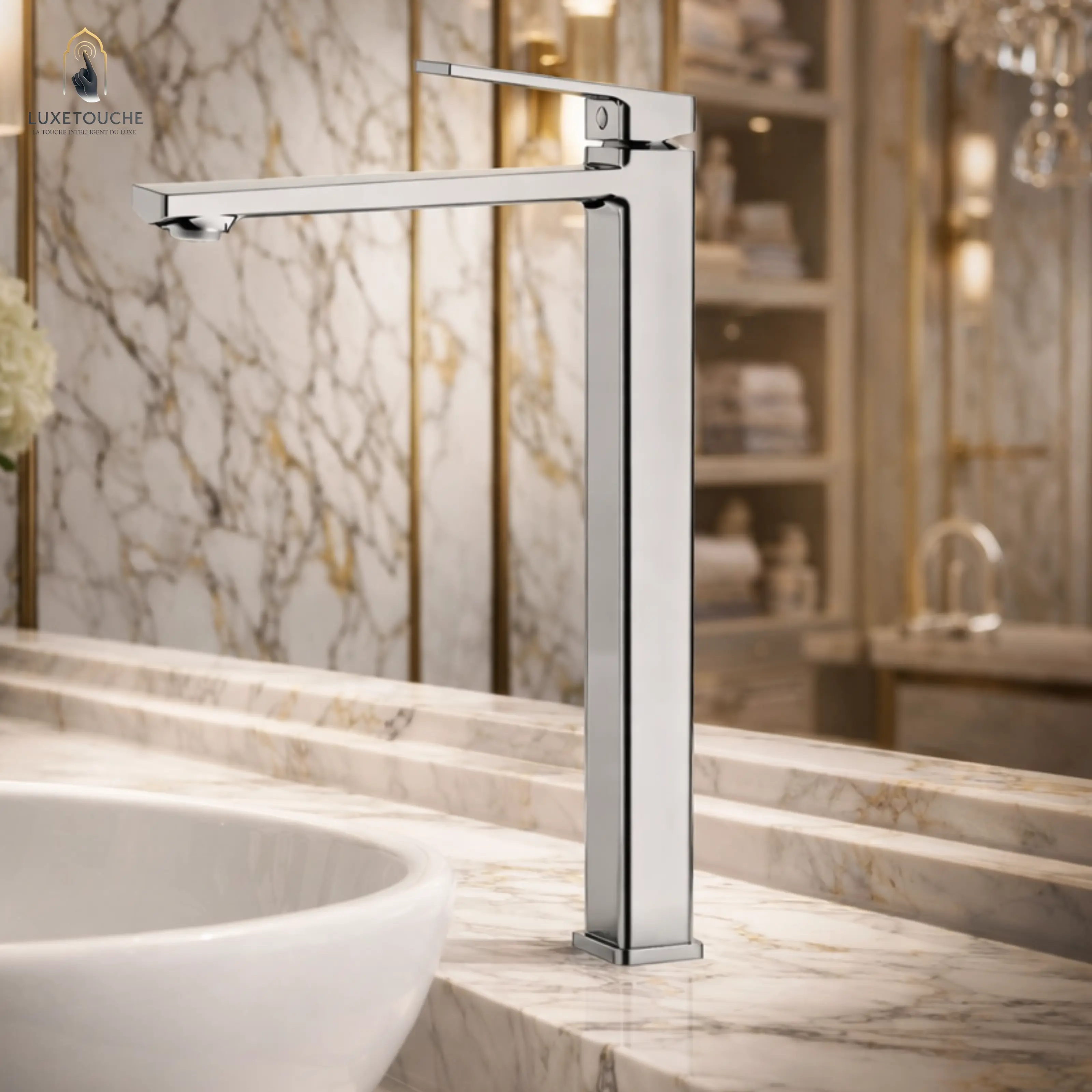 Robinet Lavabo Sorrento Carré Long Chrome Premium – Design Haut pour Vasque Moderne