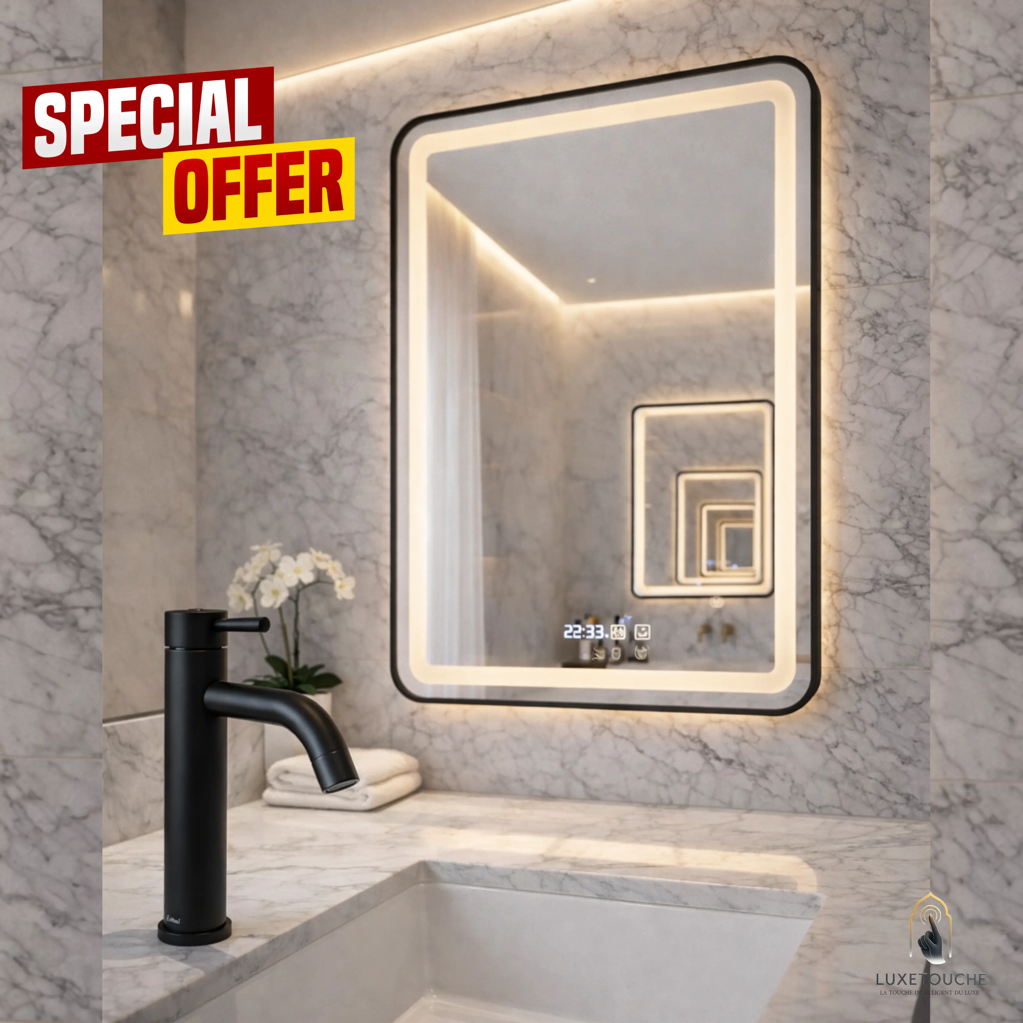 Pack Miroir LED intelligent Verticale + Robinet Lavabo Longue Premium en Acier Brossé  — Élégance, confort et organisation parfaite !