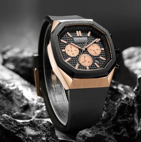 Megir Black ساعة فخمة أصلية سيليكون