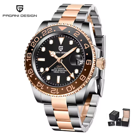 ساعة يد ميكانيكية للرجال من زجاج الياقوت المقاوم للصدأ من الفولاذ المقاوم للصدأ مع تصميم باجاني فاخرة من GMT