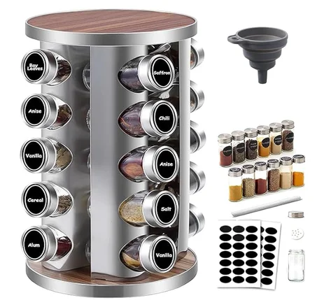 حامل بهارات للمطبخ، 16 برطمان بهارات، مع أغطية وملحقات فردية، منظم دوار 360. مع ملصقات للبرطمانات