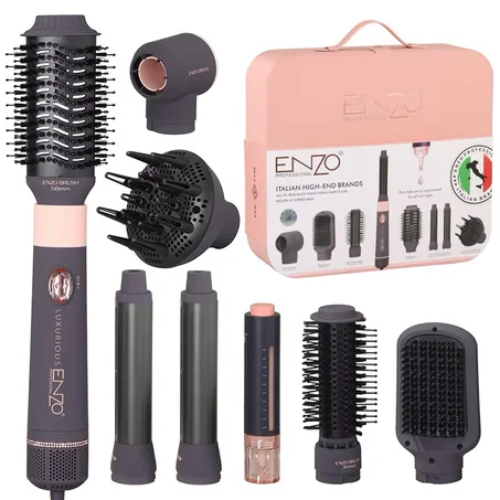 ENZO 8 in 1 Hair Dryer Brush Interchangeable Blow Dryer Styler Hot Air Comb Hair Straightener Multi Curling Hair Styler Blower