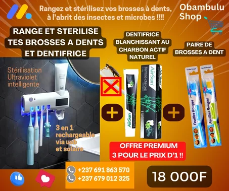 STERILISATEUR ULTRAVIOLET DE BROSSES A DENTS ET DISTRIBUTEUR DE DENTIFRICE INTELLIGENT + 01 DENTIFRICE BLANCHISSANT au charbon actif naturel + 02 BROSSES A DENTS offerts
