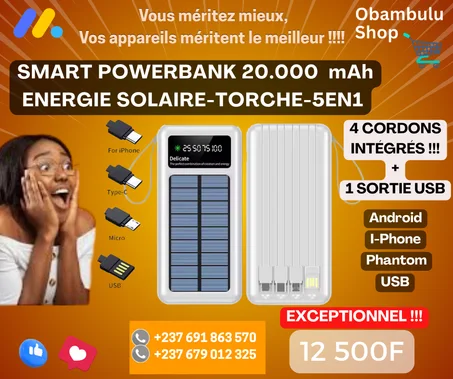 Smart POWERBANK 20.000 mAh Energie solaire : 20.000mAh de puissance ; 04 cordons de charge (iphone, Phantom, Android, usb) ; torche ; entrée USB