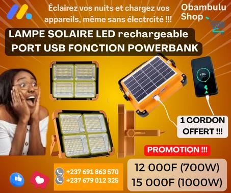 LAMPE SOLAIRE LED 4 Panneaux portable – Rechargeable, port USB Fonction Powerbank          12 000 FCFA (700W) et 15 000 FCFA  (1000W)