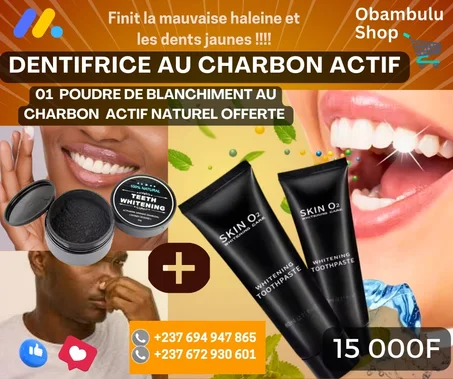 DENTIFRICE BLANCHISSANT AU CHARBON ACTIF NATUREL. Sourire éclatant, et haleine fraiche naturellement + POUDRE DE BLANCHIMENT AU CHARBON ACTIF NATUREL