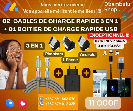 02 CABLES DE CHARGE ULTRA RAPIDE 3 EN 1 (Android, I Phone, Phantom) + 01 BOITIER DE CHARGE RAPIDE USB
