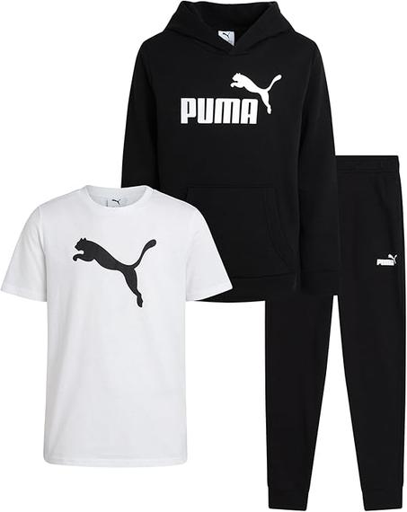 PUMA Conjunto de pantalones deportivos para niños, 3 piezas de forro polar con capucha para niños, camiseta y pantalones deportivos para jóvenes (8-16)