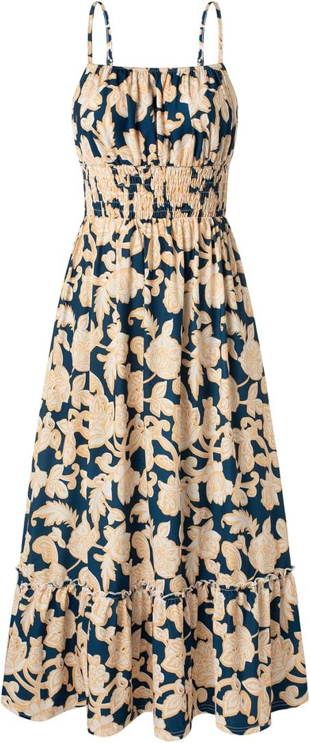 GRACE KARIN - Vestido largo de verano para mujer sin mangas, floral, tirantes delgados, fruncido, bohemio, para playa, con bolsillos