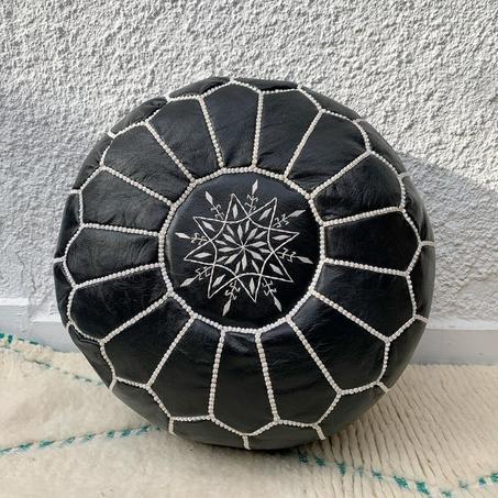 Moroccan leather Ottoman Pouf Dark Black & White.