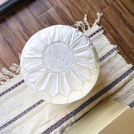 Moroccan leather Ottoman Pouf White.