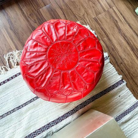 Moroccan leather Ottoman Pouf Red.