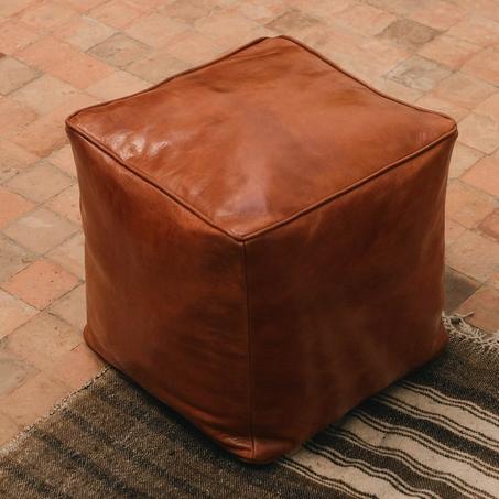 Moroccan leather Ottoman Square Pouf Light Brown.
