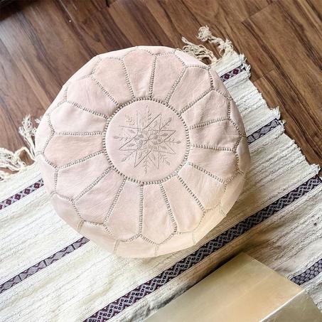 Moroccan leather Ottoman Pouf Light Beige.