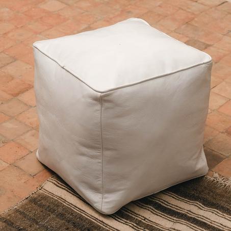 Moroccan leather Ottoman Square Pouf White.