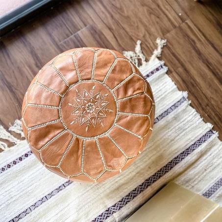 Moroccan leather Ottoman Pouf Light Brown.