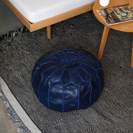 Moroccan leather Ottoman Pouf Navy Blue.