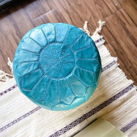 Moroccan leather Ottoman Pouf Blue Sky.