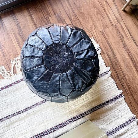 Moroccan leather Ottoman Pouf Black.