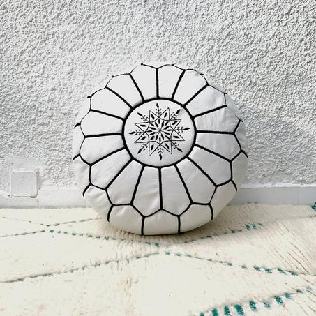 Moroccan leather Ottoman Pouf Dark White & Black .