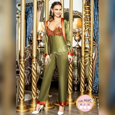 9107 لانجري 3 قطع من الساتان الناعم