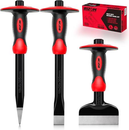 Rizom Juego de cinceles con protección para las manos, 3 cinceles de piedra de cincel de roca, herramientas de mampostería resistentes que incluyen punta de 11 pulgadas y plano, ladrillo de 8