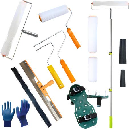 Kit de herramientas de cemento autonivelante, kit de herramientas de piso epoxi, rastrillo autonivelante, zapatos de punta para pisos epoxi, herramientas de nivelación de pisos, rodillo de pú