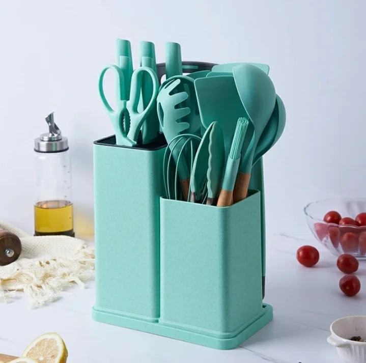 TEAMFAR Lot De 15 Ustensiles De Cuisine En Silicone Avec Porte-Ustensiles - Résistants à La Chaleur, Passe Au Lave-Vaisselle, Blanc