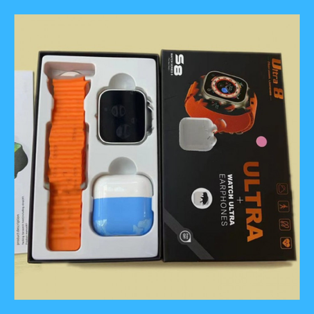 PACK ULTRA 8 ( الساعة ذكية وأنيقة + سماعات بلوتوث + 2 صماطي )