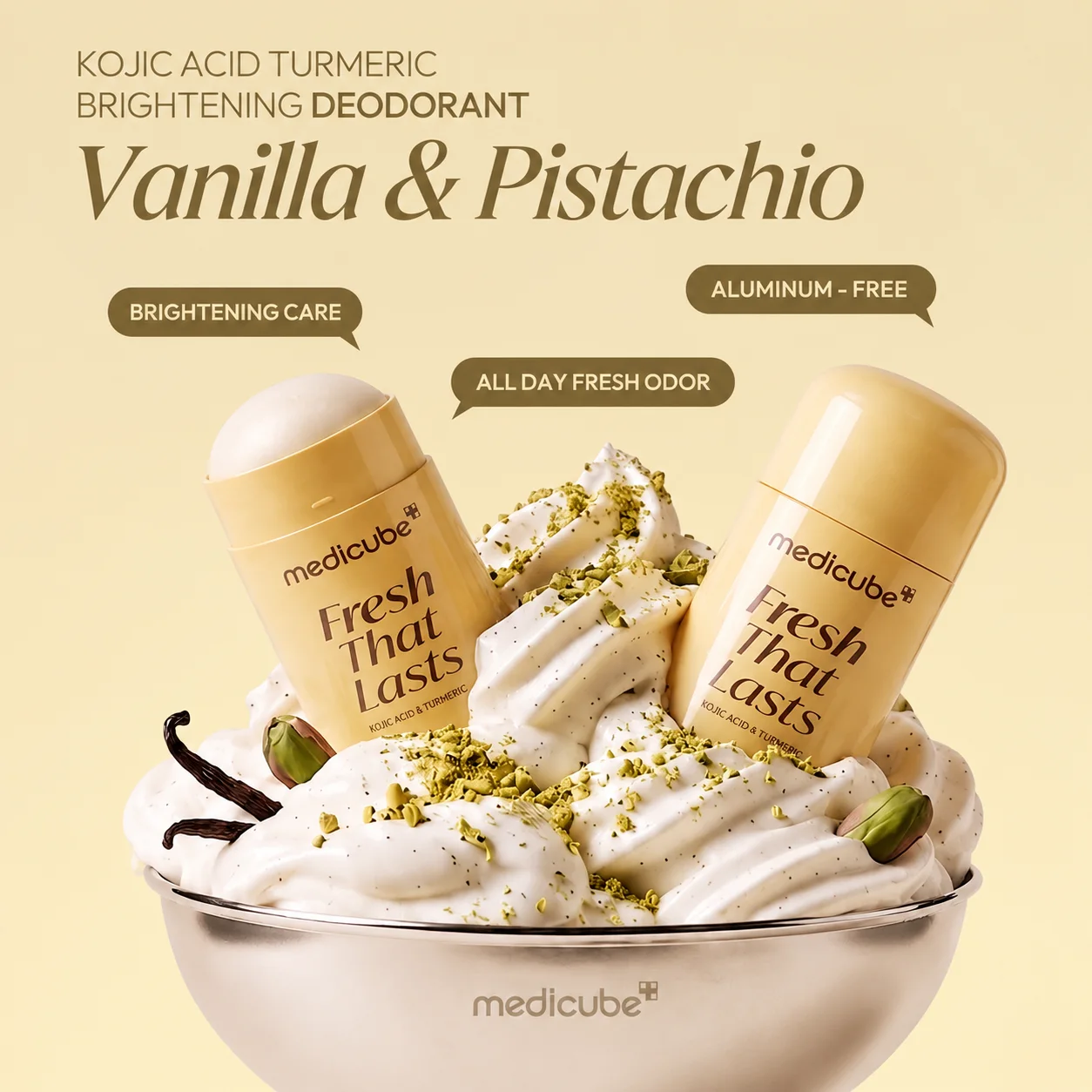Kojic acid deodorant for skin brightening with vanilla and pistachio – an aluminum-free deodorant with a pleasant fragrance, suitable for women and men, providing all-day freshness and confid