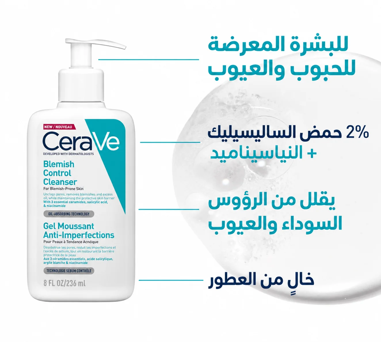 سيرافي غسول بليمش كونترول منظف للوجه للبشرة المعرضة لحبّ الشباب و الشوائب مع 2% حمض الساليسيليك، النياسيناميد و السيراميد 236ملCeraVe Blemish Control Cleanser Face Wash For Acne & Blemish Pro
