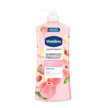 لوشن الجسم فازلين هيلثي برايت سوبرفوود فريش لوك بالخوخ وفيتامين E (حجم 500 مل)   Vaseline Healthy Bright Superfood FreshLock Peach Body Lotion (500ml)