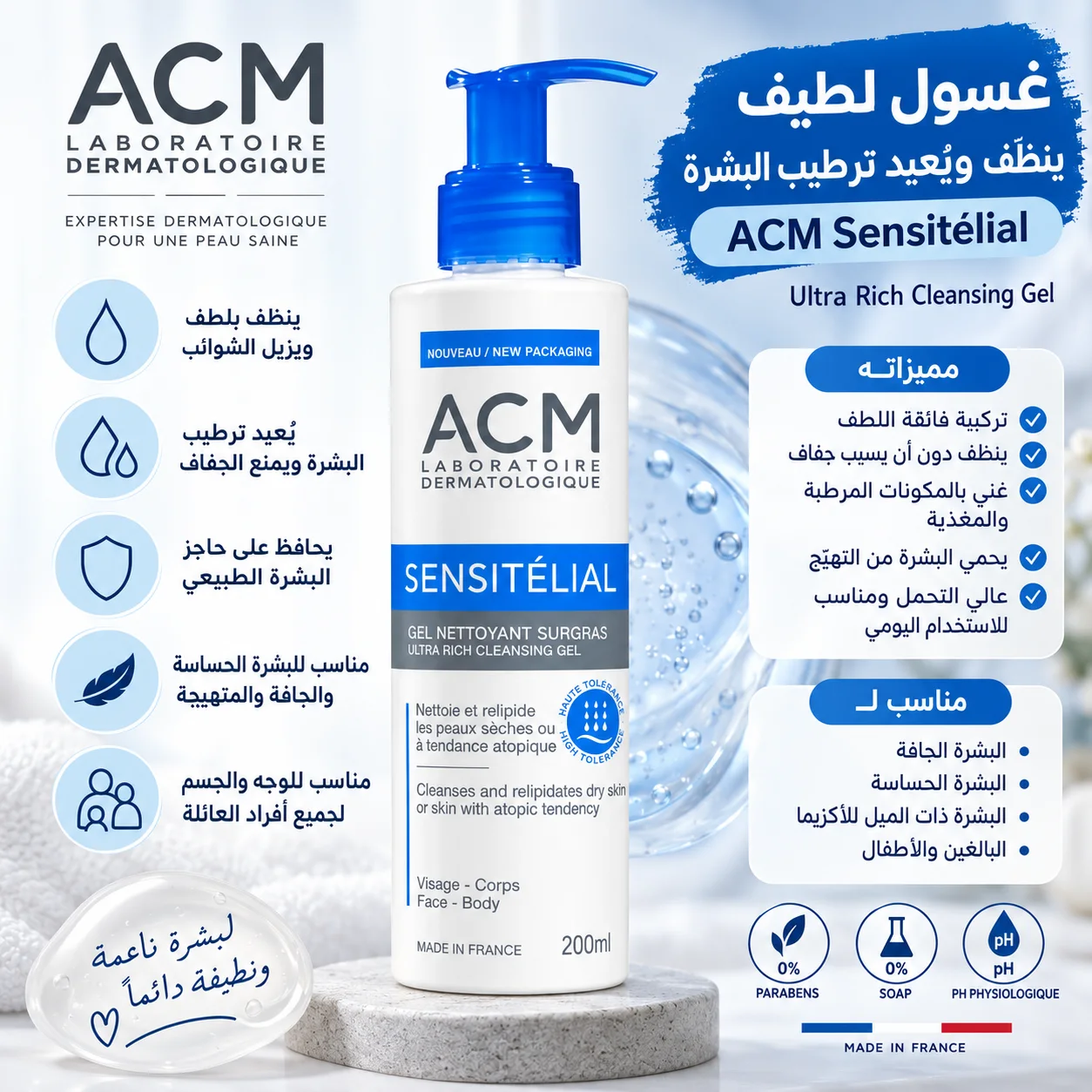 جل تنظيف البشرة الترا ريتش سنسيتيليال200مل ACM SENSITELIAL CLEANSING GEL 200ML