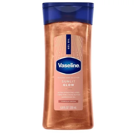 جل زيت فازلين للجسم بريق أشعة الشمس بزبدة الكاكاو والفانيليا. Vaseline Intensive Care Sunlit Glow Glazed and Glisten Gel Oil