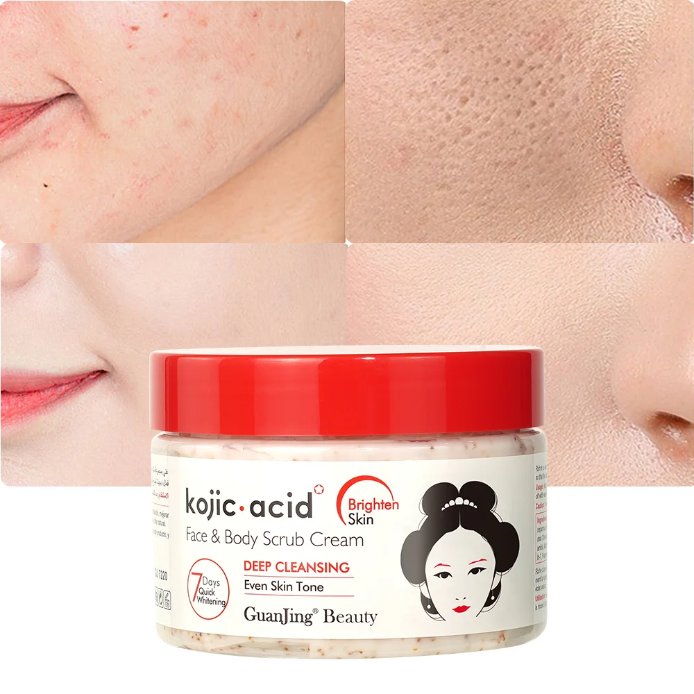 GuanJing Beauty Kojic Acid Face & Body Scrub Cream (Deep Cleansing – Even Skin Tone, 7 Days Quick Whitening) – غوانجينغ بيوتي، كريم مقشر للوجه والجسم بحمض الكوجيك (تنظيف عميق - توحيد لون البش