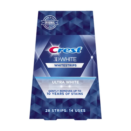 Crest 3D Ultra White strips, Gently Removes Up to 10 Years of Stains for an Ultra-White Smileشرائط كريست ثلاثية الأبعاد لتبييض الأسنان – ألترا وايت
