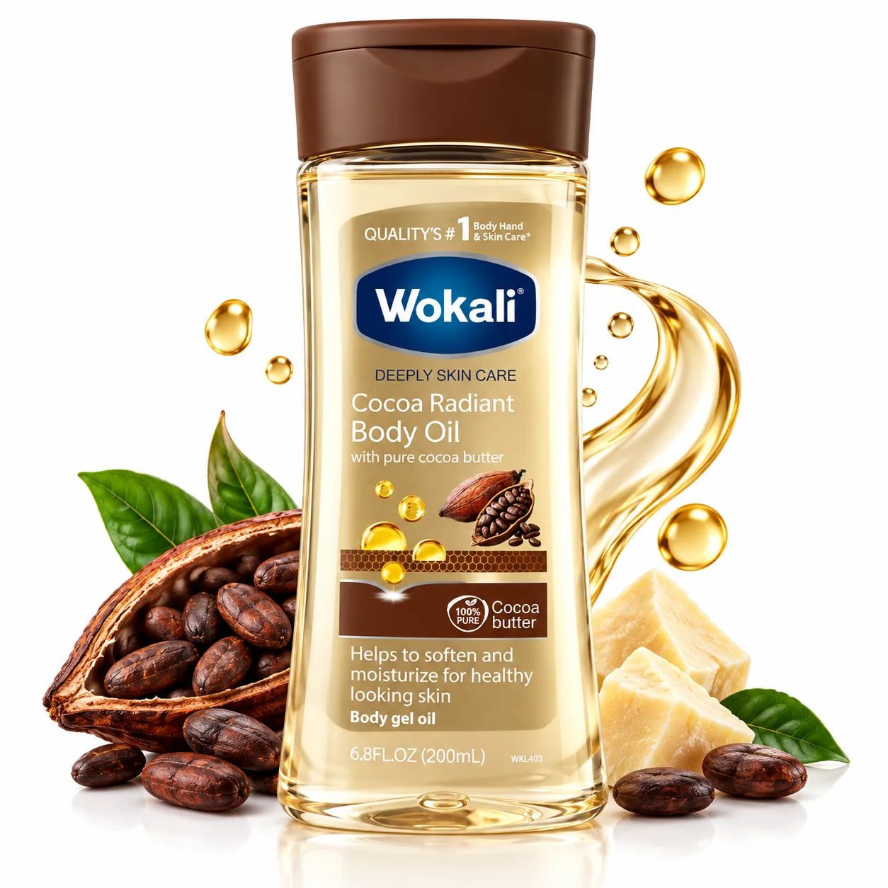 Wokali Cocoa Radiant Body Oil 200ml زيت الجسم ووكلّي بالككاو لإشراقة البشرة – 200 مل