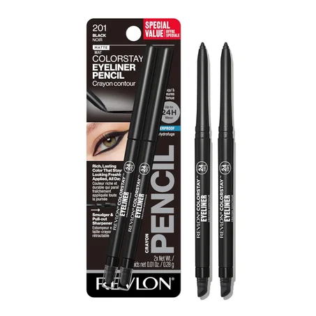 Revlon ColorStay Lápiz delineador de ojos impermeable, a prueba de manchas, maquillaje de ojos con sacapuntas integrado, 201 negro, paquete de 2