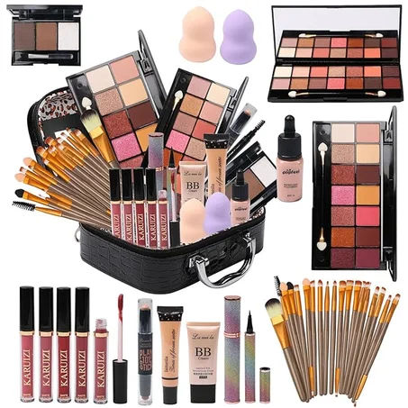Kit de maquillaje todo en uno para bolsa de almacenamiento de maquillaje 2X14 colores paleta de sombras de ojos base líquida lápices delineadores barra de contorno brillo labial 20 brochas