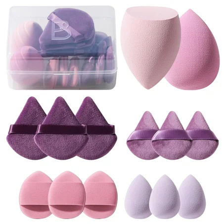 Juego de esponjas de maquillaje BS-MALL Triangle Puff 14 piezas para líquido, crema y polvo, esponjas de maquillaje multicolor y mini esponja con estuche (A-morado