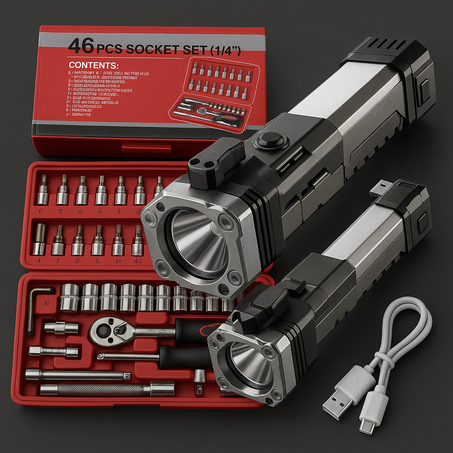 "طقم أدوات ميكانيكية 46 قطعة + مصباح طوارئ متعدد الاستخدامات بشحن USB سريع – الحل المثالي للصيانة والطوارئ"
