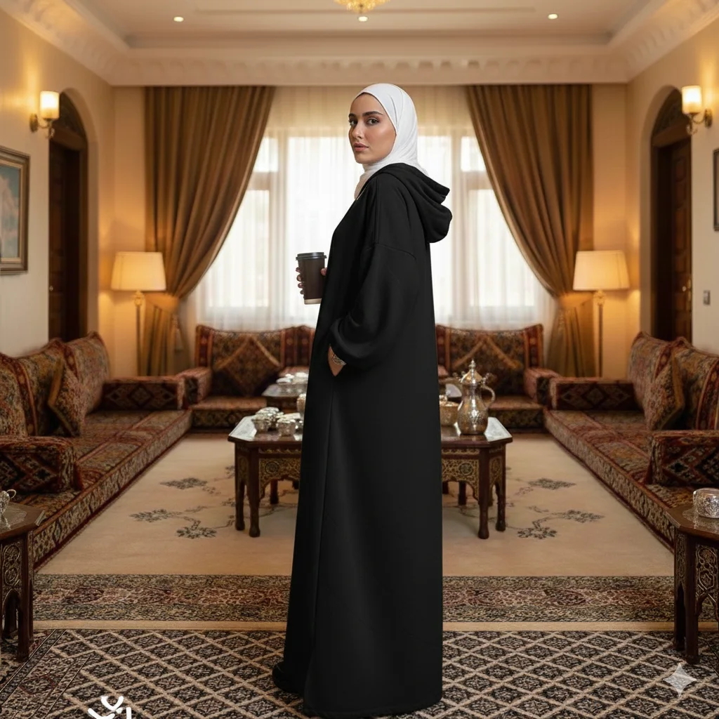 عباية العمرة بغطاء للرأس لون أسود مقاس XL