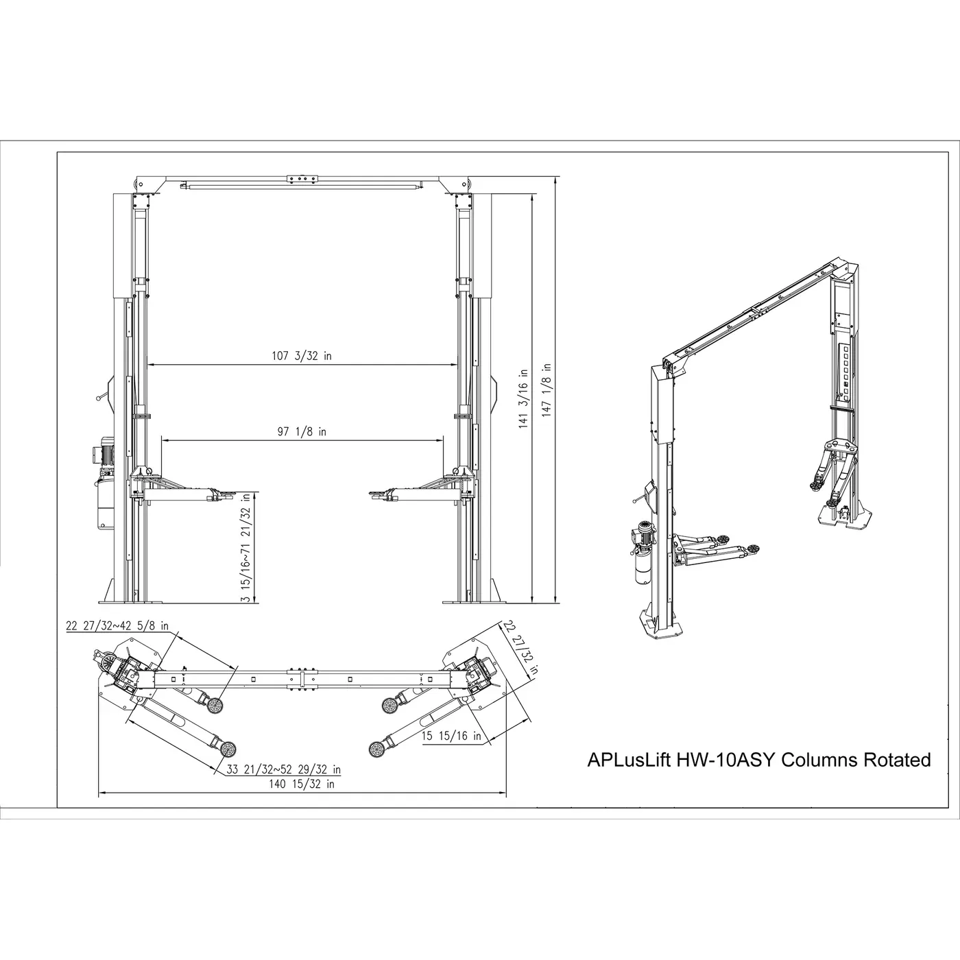 APlusLift 10,000LB 2-Post Overhead Asymmetric Single Release Car Lift with 3 Year Warranty - HW-10ASY