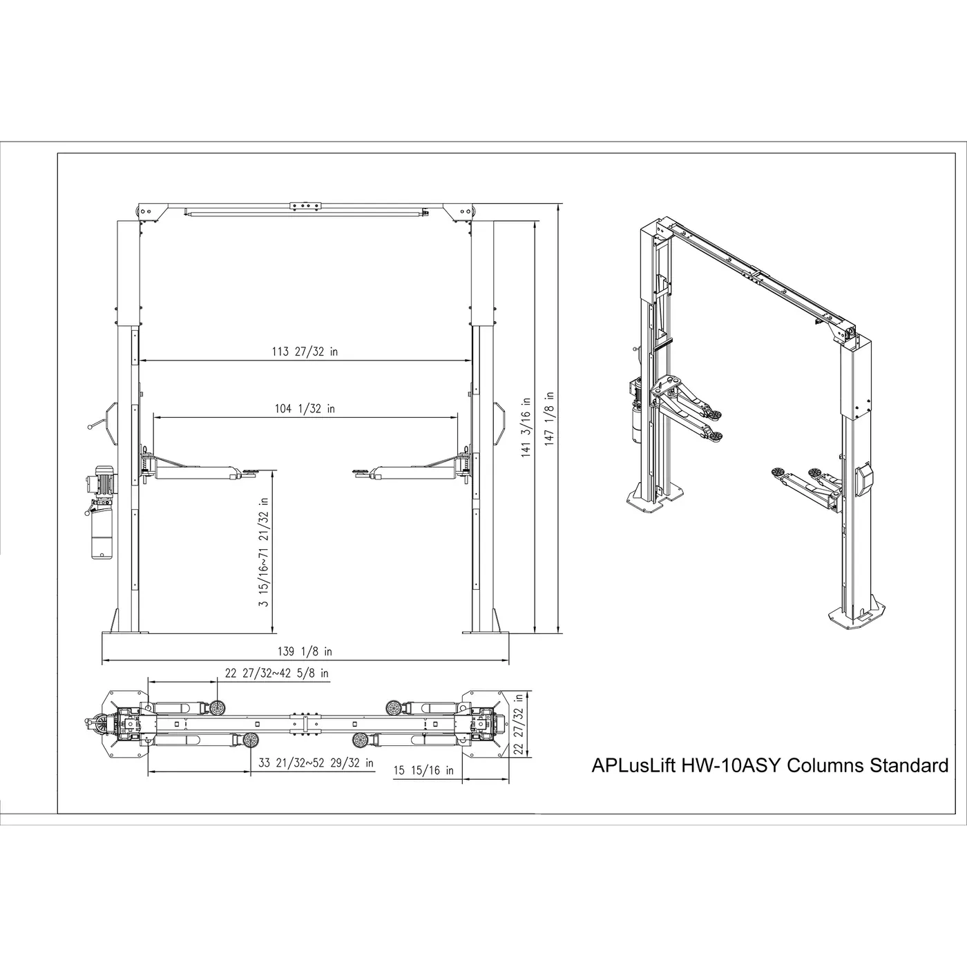APlusLift 10,000LB 2-Post Overhead Asymmetric Single Release Car Lift with 3 Year Warranty - HW-10ASY