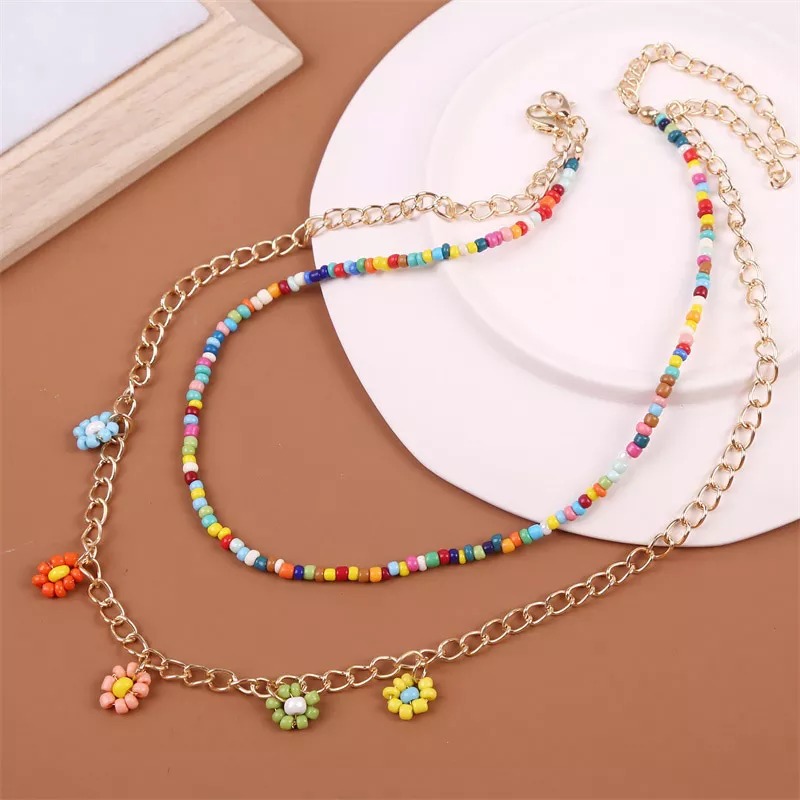 2 Pcs/Set Bohemian Multicolor Beaded Necklaces For Women Boho Gold Color Metal Chain Handmade Beads Flower Necklace Jewelry