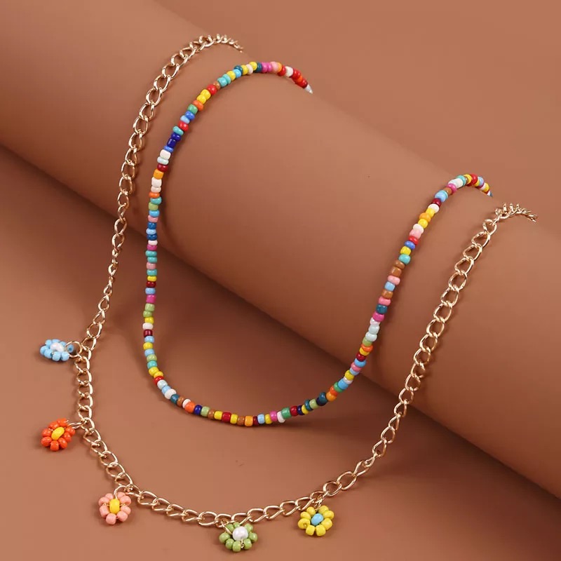 2 Pcs/Set Bohemian Multicolor Beaded Necklaces For Women Boho Gold Color Metal Chain Handmade Beads Flower Necklace Jewelry