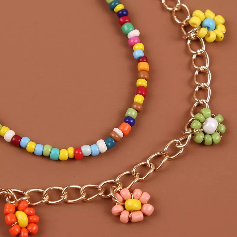 2 Pcs/Set Bohemian Multicolor Beaded Necklaces For Women Boho Gold Color Metal Chain Handmade Beads Flower Necklace Jewelry