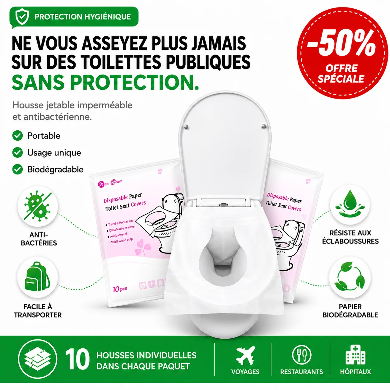 Couvre-Sièges de Toilette Jetables   | Pack de 10 | Double Couche Ultra-Douce