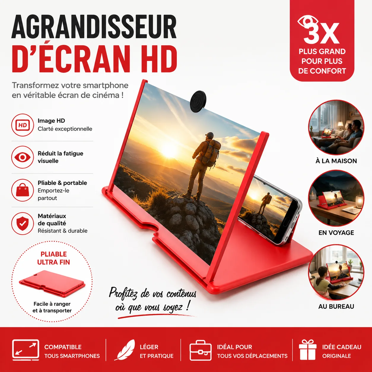 AMPLIFICATEUR D’ÉCRAN HD 3D  - TRANSFORMEZ VOTRE TÉLÉPHONE EN MINI CINÉMA
